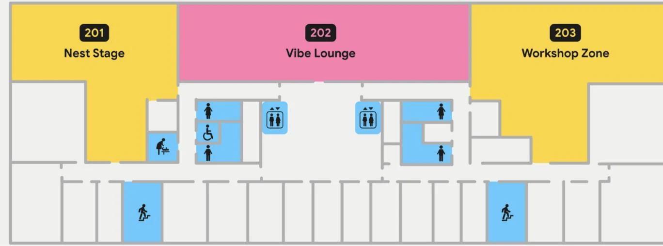 Floor 2 plan: Nest Stage, Vibe Lounge, Workshop Zone