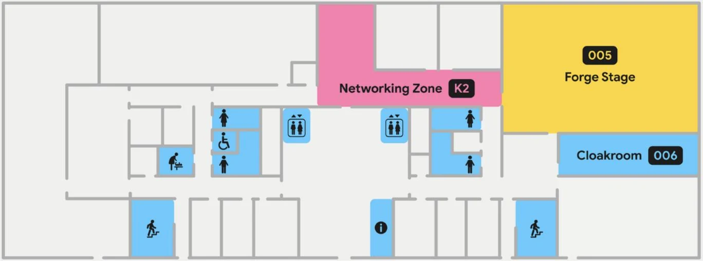 Ground floor plan: Forge Stage, Networking Zone, Cloakroom